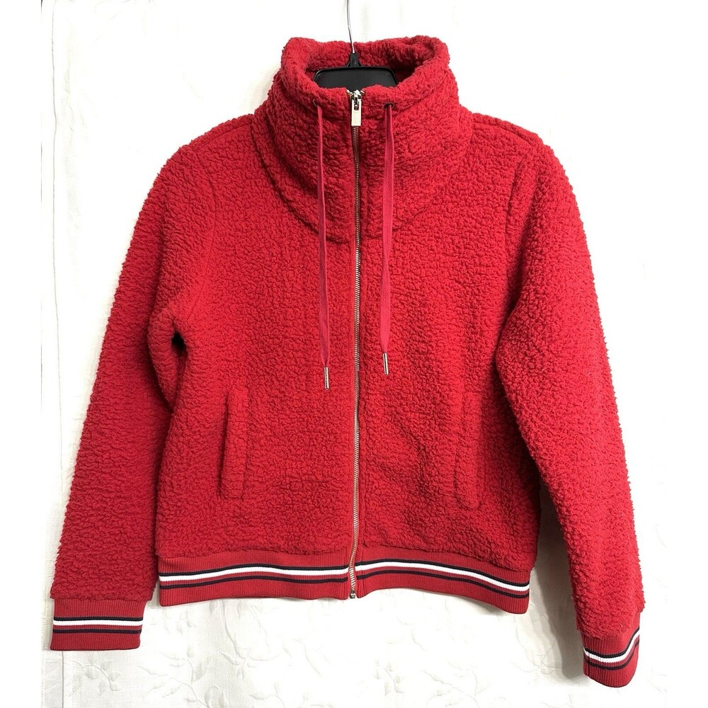 Tommy Hilfiger Women Fleece Bomber Sherpa Faux Fur Red & Stripes Jacket S